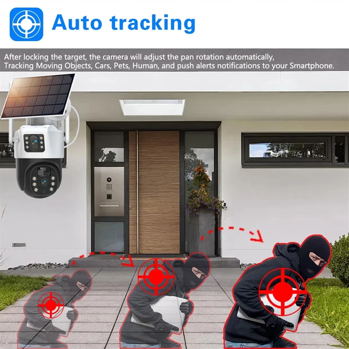 Caméra de sécurité, 4K 8MP Double Objectif PTZ caméra Solaire extérieure écran Suivi Humain sécurité Couleur Vision Nocturne de Surveillance(Cam NO TF Card)