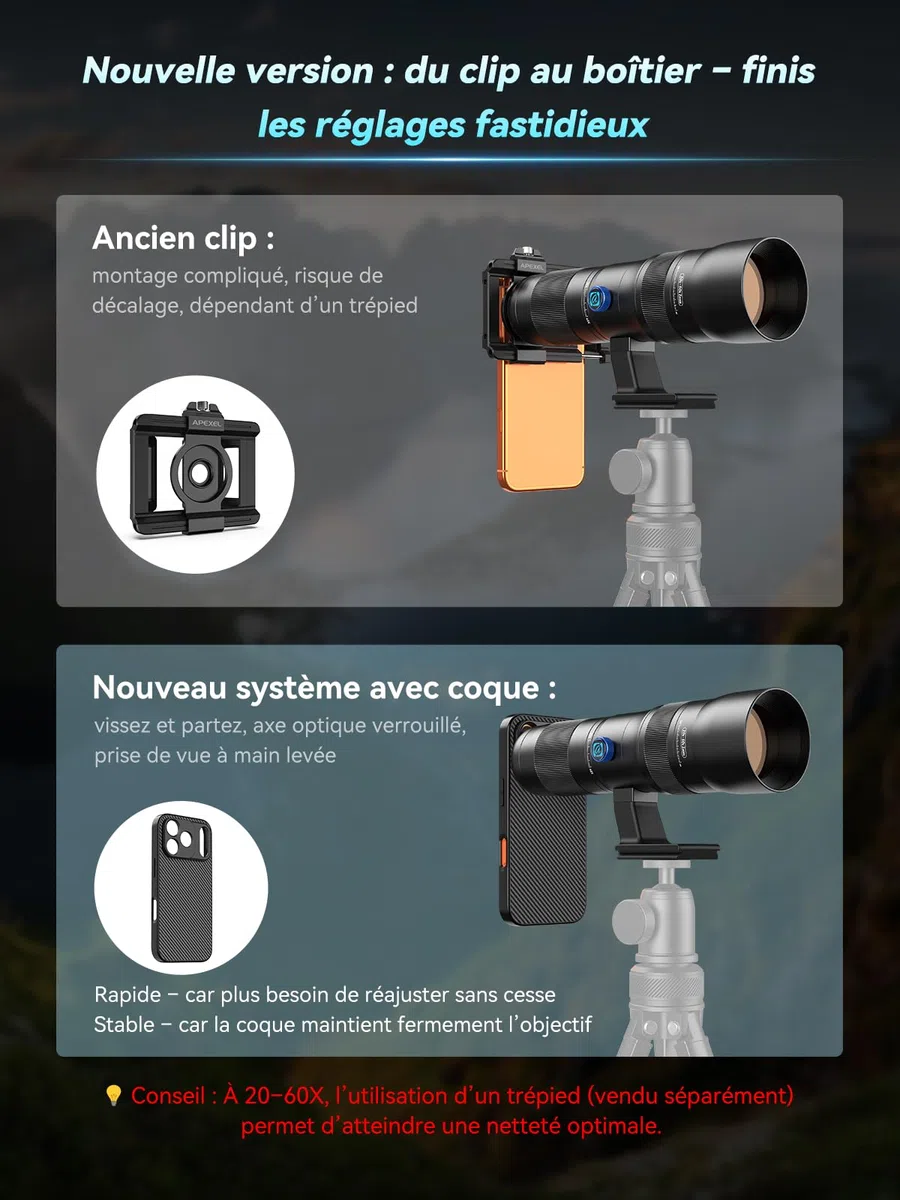 APEXEL Objectif zoom 20-60X avec étui intégré pour iPhone 17 Téléobjectif pro professionnel