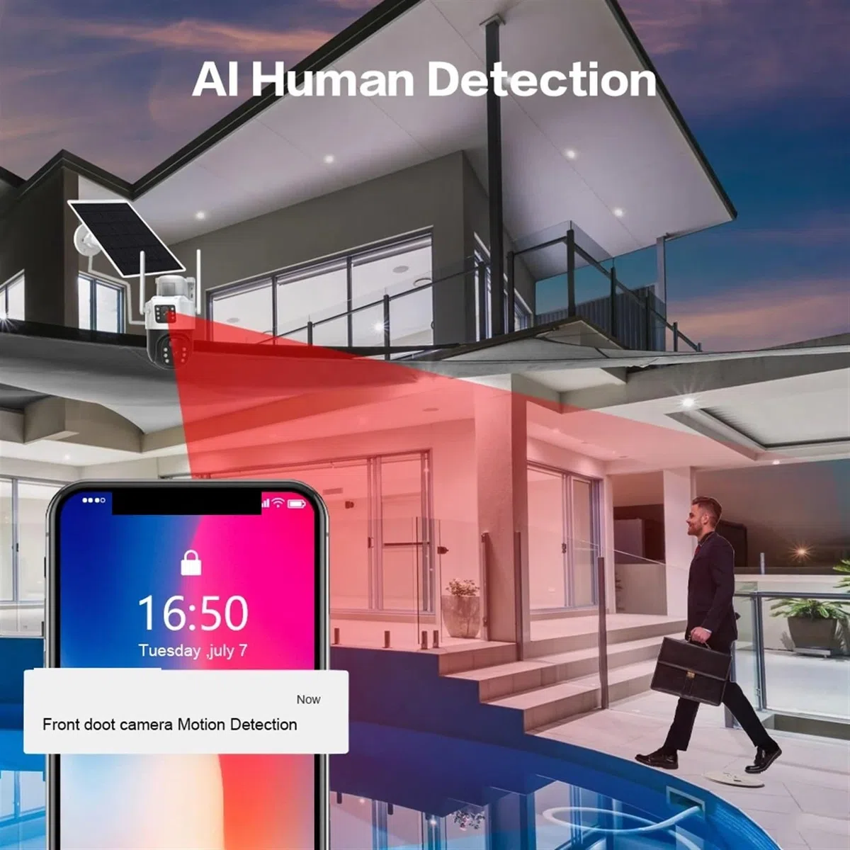 Caméra de sécurité, 4K 8MP Double Objectif PTZ caméra Solaire extérieure écran Suivi Humain sécurité Couleur Vision Nocturne de Surveillance(Cam NO TF Card)