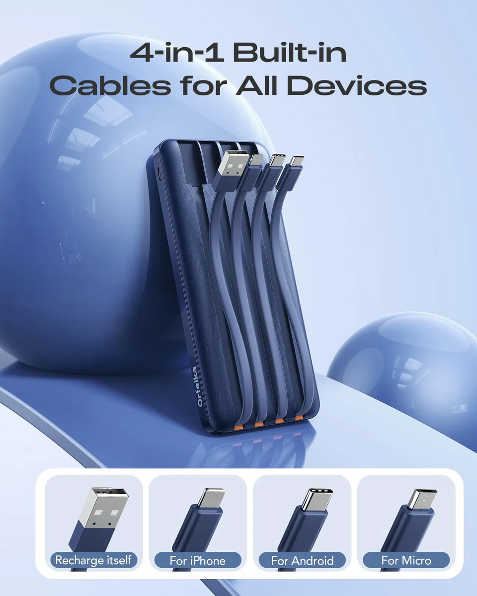 Orfeika Batterie externe 20 000 mAh, chargeur portable avec 4 câbles intégrés
