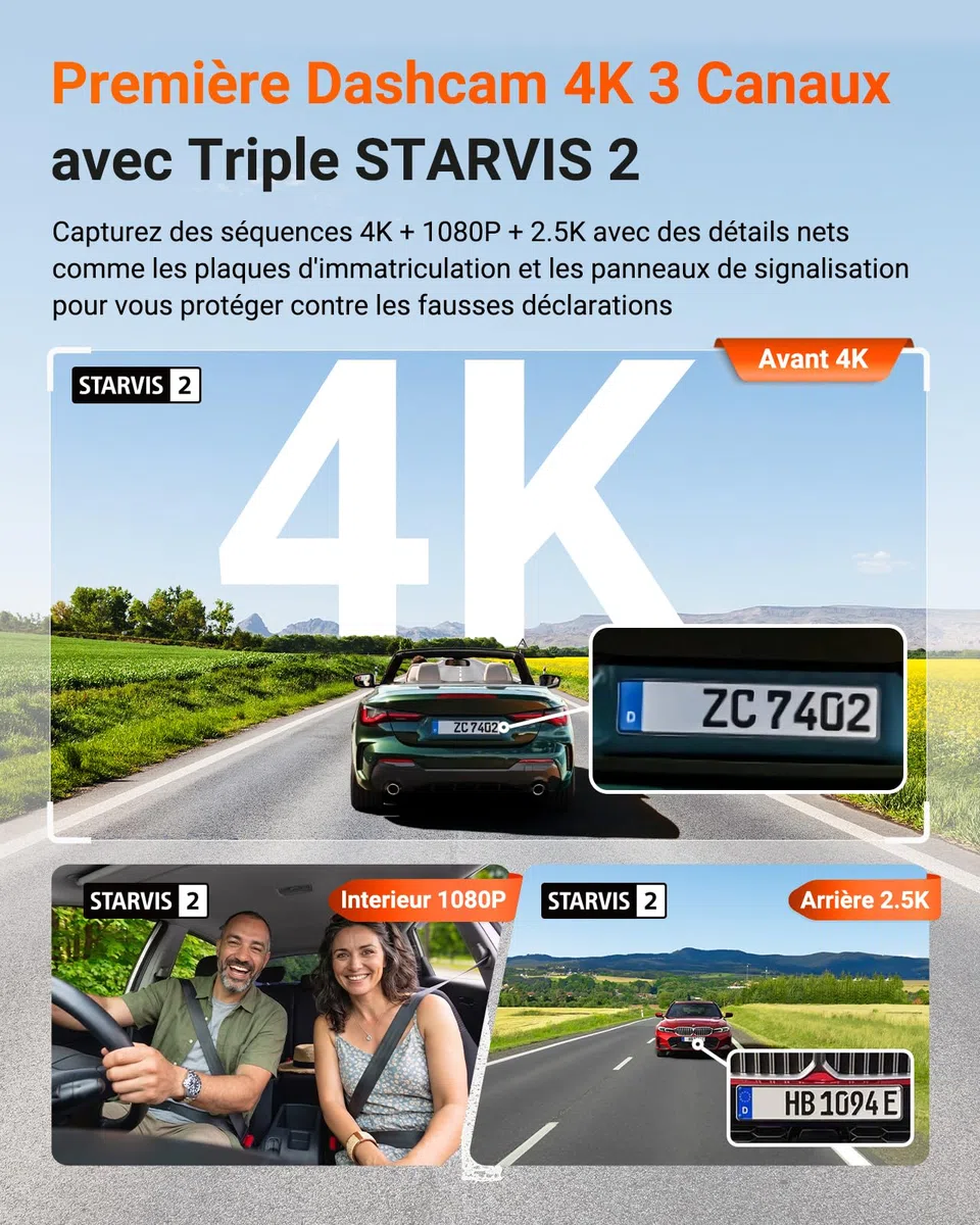 VANTRUE N4 Pro S Dashcam Voiture 3 Canaux 4K+1080P+1440P Avant Int Arrière