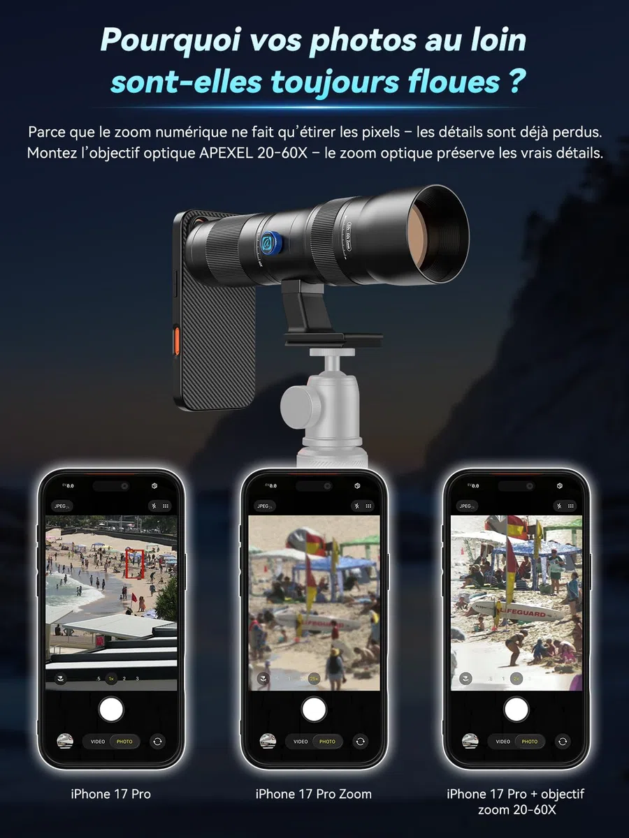 APEXEL Objectif zoom 20-60X avec étui intégré pour iPhone 17 Téléobjectif pro professionnel