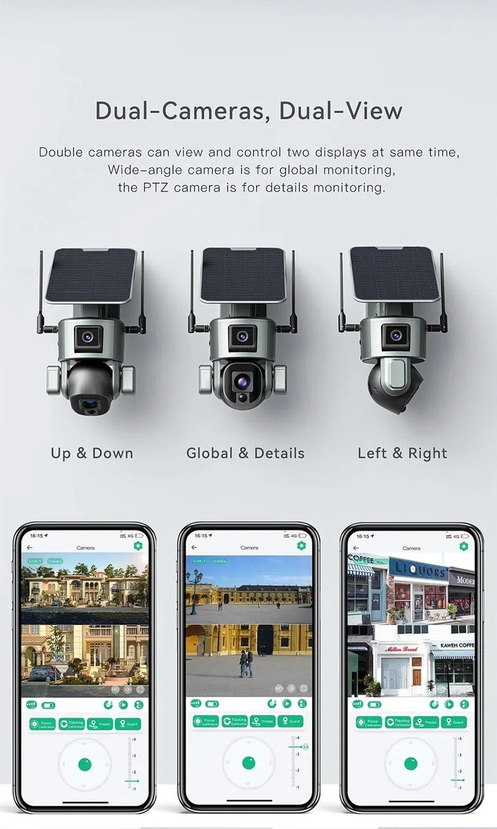 Caméra de sécurité, Caméra Solaire extérieure 4G 8MP 4K Double écran 10X Zoom Optique bidirectionnel Audio Couleur Vision Nocturne CCTV caméra IP de Surveillance(4G 4XZoom No Card)