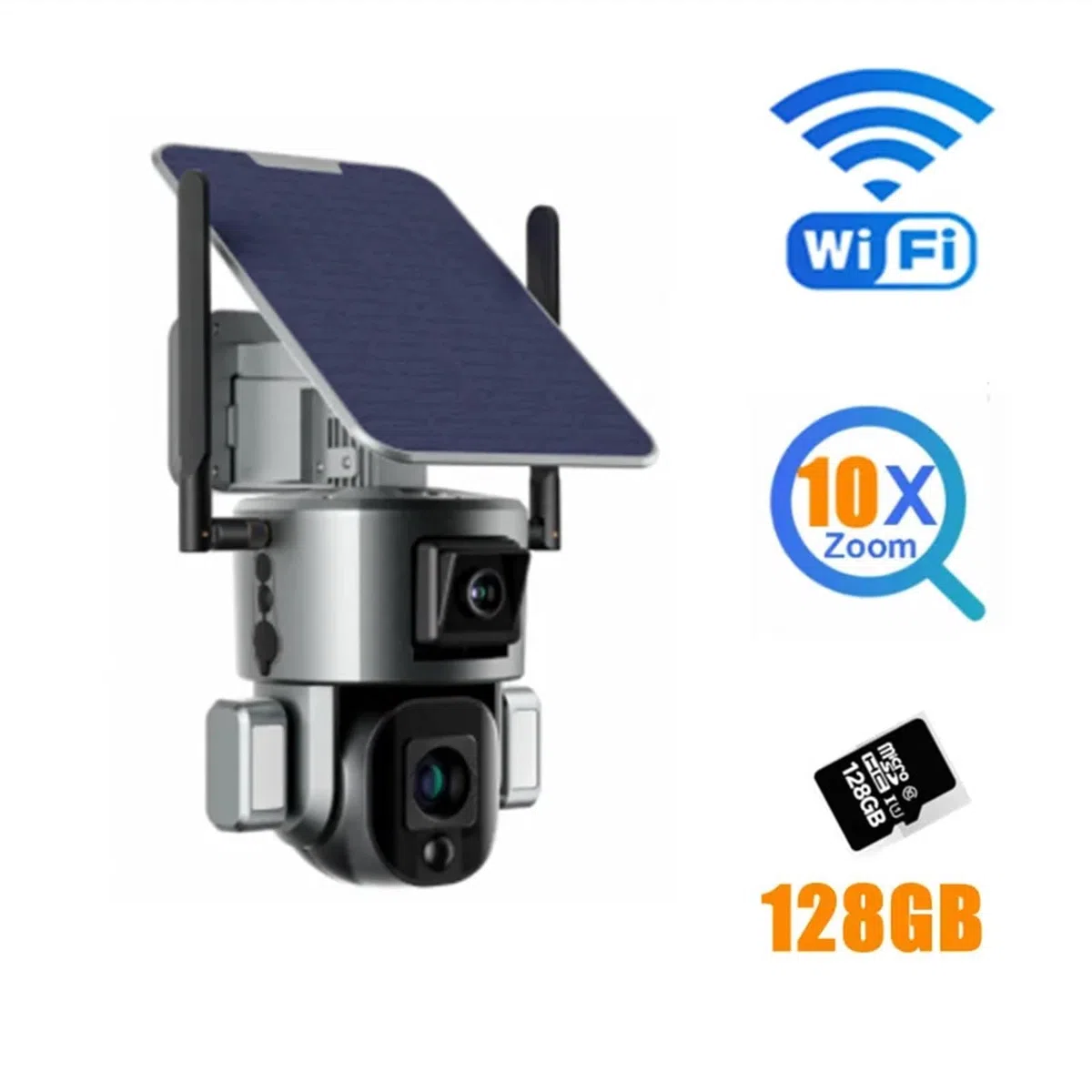 Caméra de sécurité, 8MP 4G caméra Solaire sans Fil 4K Double Objectif 4X 10X Panneau détection Humaine PTZ Surveillance extérieure(WiFi 10X Zoom 128GB)