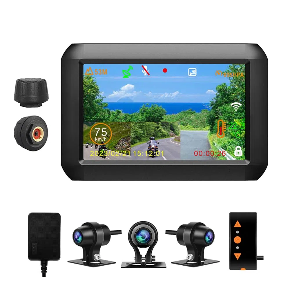 VSYSTO Moto Caméra de recul,4'' écran WiFi Moto Dash Cam avec TPMS GPS HD 1080P Avant et 720P caméra Gauche et Droite, Mode Assistant téléphone capteur de température Surveillance de stationnement