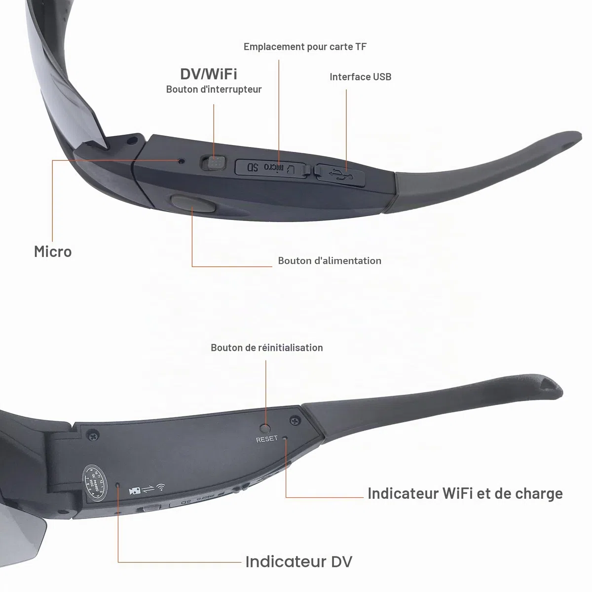 Lunettes de soleil avec caméra WiFi, lunettes de capture vidéo HD 4K avec protection UV400, verres polarisés pour sports de plein air, compatible avec iOS et Android, carte TF jusqu'à 256 Go