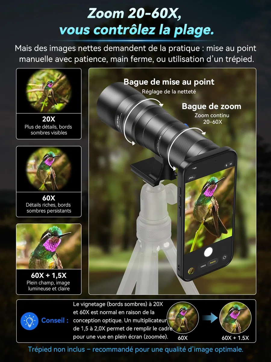 APEXEL Objectif zoom 20-60X avec étui intégré pour iPhone 17 Téléobjectif pro professionnel