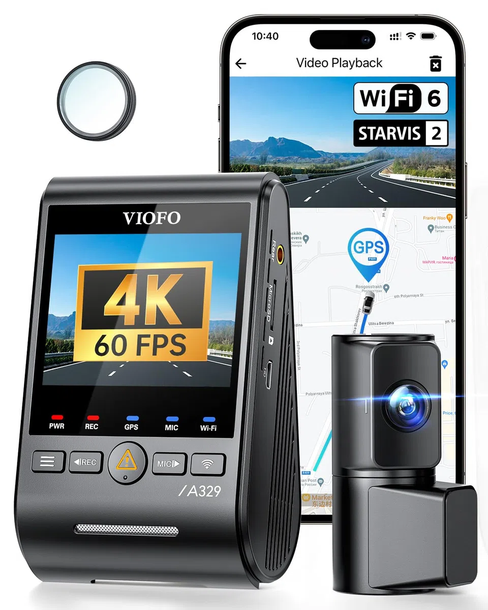 VIOFO A329 2CH 4K 60FPS/HDR 30FPS + 2K Tableau de Bord Avant et arrière, wi-FI 6 caméra de Voiture avec Double capteur STARVIS 2, contrôle Vocal, Filtre CPL Avant, Mode de stationnement Tampon