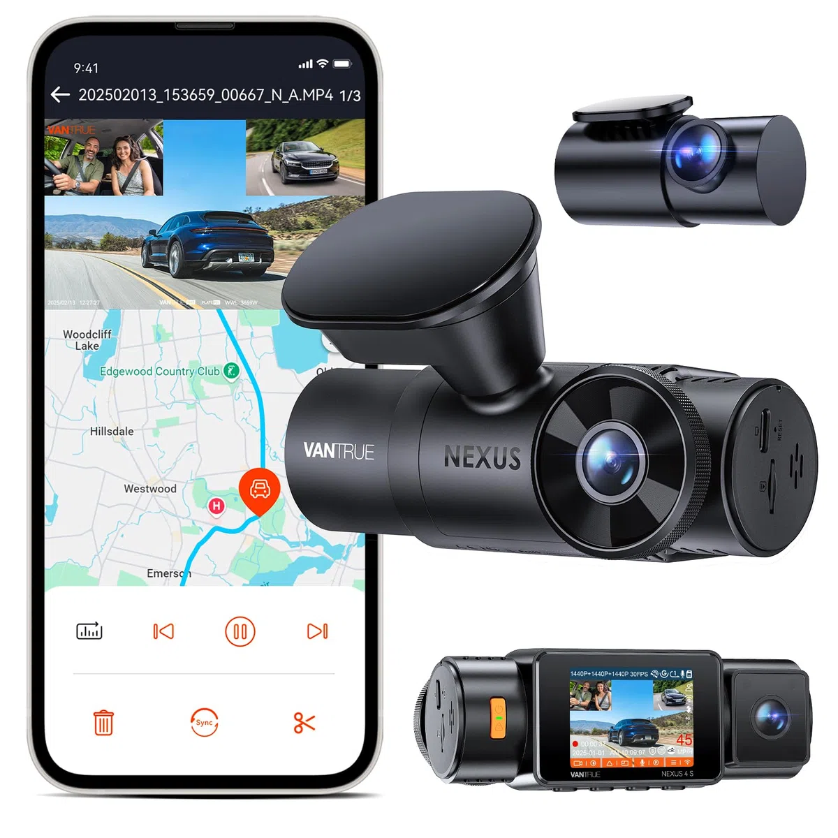 VANTRUE N4S Dashcam Voiture 3 Canaux 2.7K+2.5K+2.5K Avant Intérieur Arrière
