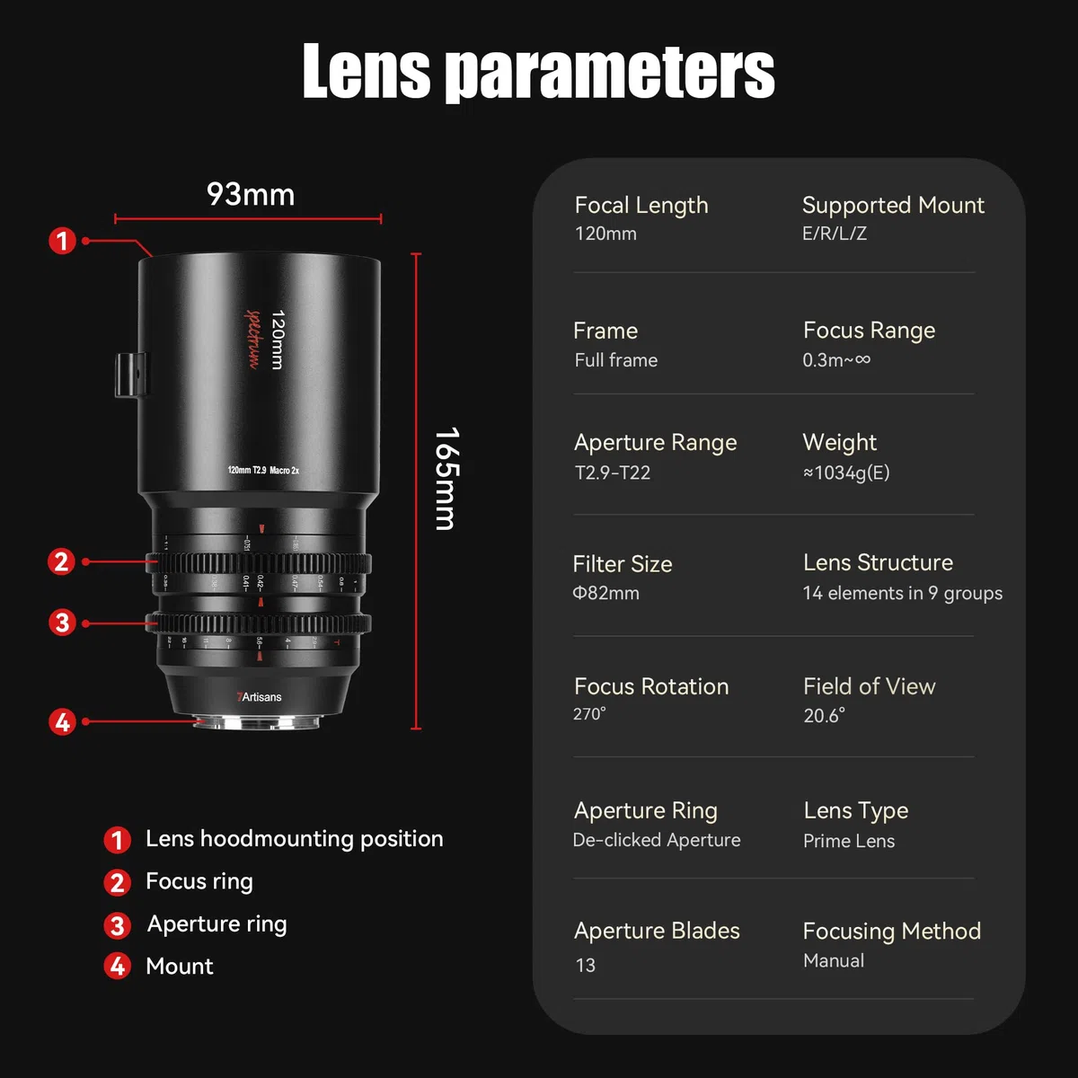 Objectif cinéma Macro 7artisans 120 mm T2.9 2X, Mise au Point Fixe Manuelle, Compatible avec la Monture Canon EOS-R, série EOS R, R1, R3, R52, R62, R6, R10, R50