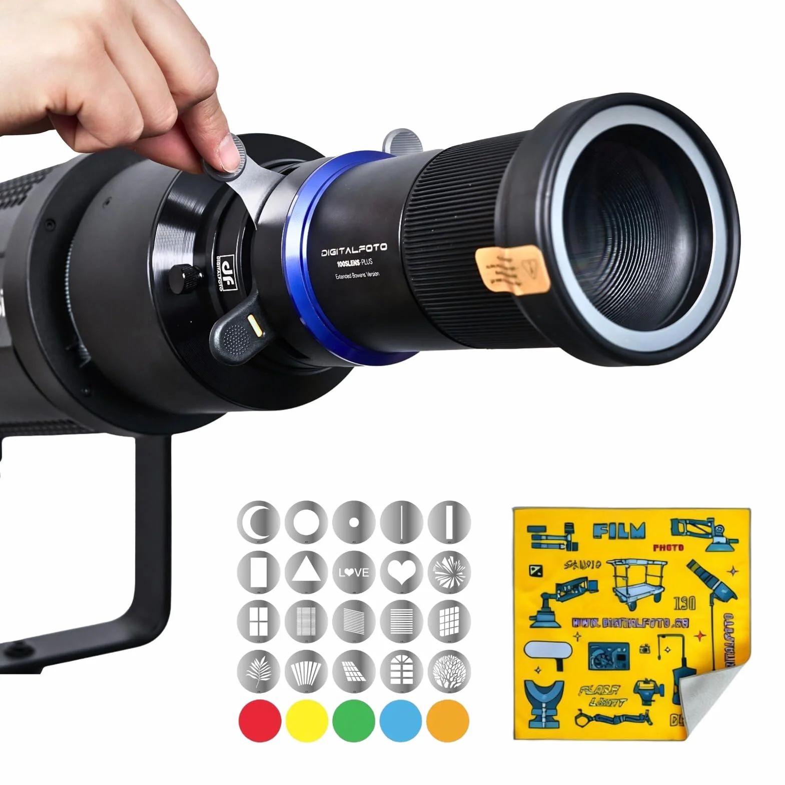 Spotlight Snoot Optique à Monture Bowens pour Aputure Amaran 60D/100D/150C/300C, 600X Pro, Ray 660C, Godox SL60 – LED Jusqu’à 300W, 20 Gobos & 5 Filtres Couleur
