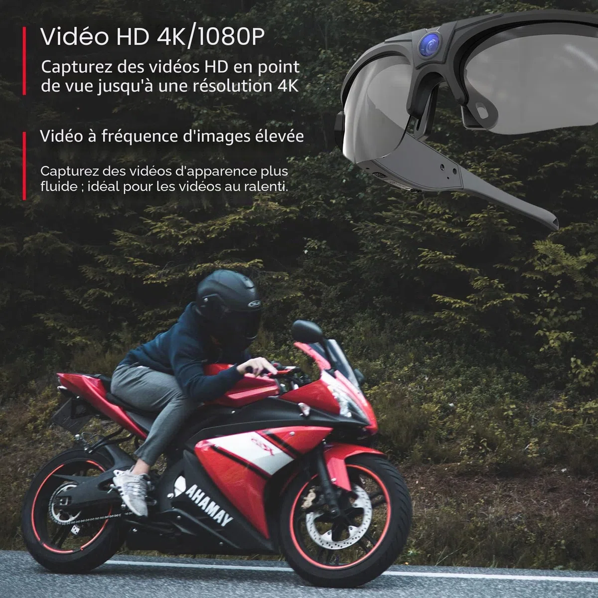 Lunettes de soleil avec caméra WiFi, lunettes de capture vidéo HD 4K avec protection UV400, verres polarisés pour sports de plein air, compatible avec iOS et Android, carte TF jusqu'à 256 Go