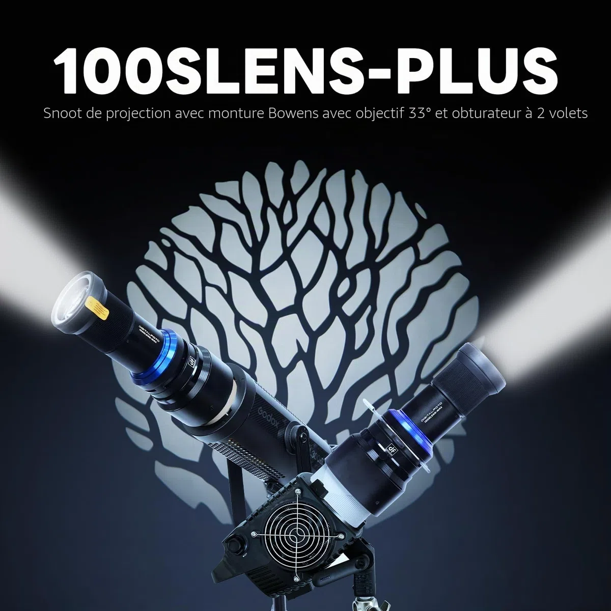 Spotlight Snoot Optique à Monture Bowens pour Aputure Amaran 60D/100D/150C/300C, 600X Pro, Ray 660C, Godox SL60 – LED Jusqu’à 300W, 20 Gobos & 5 Filtres Couleur
