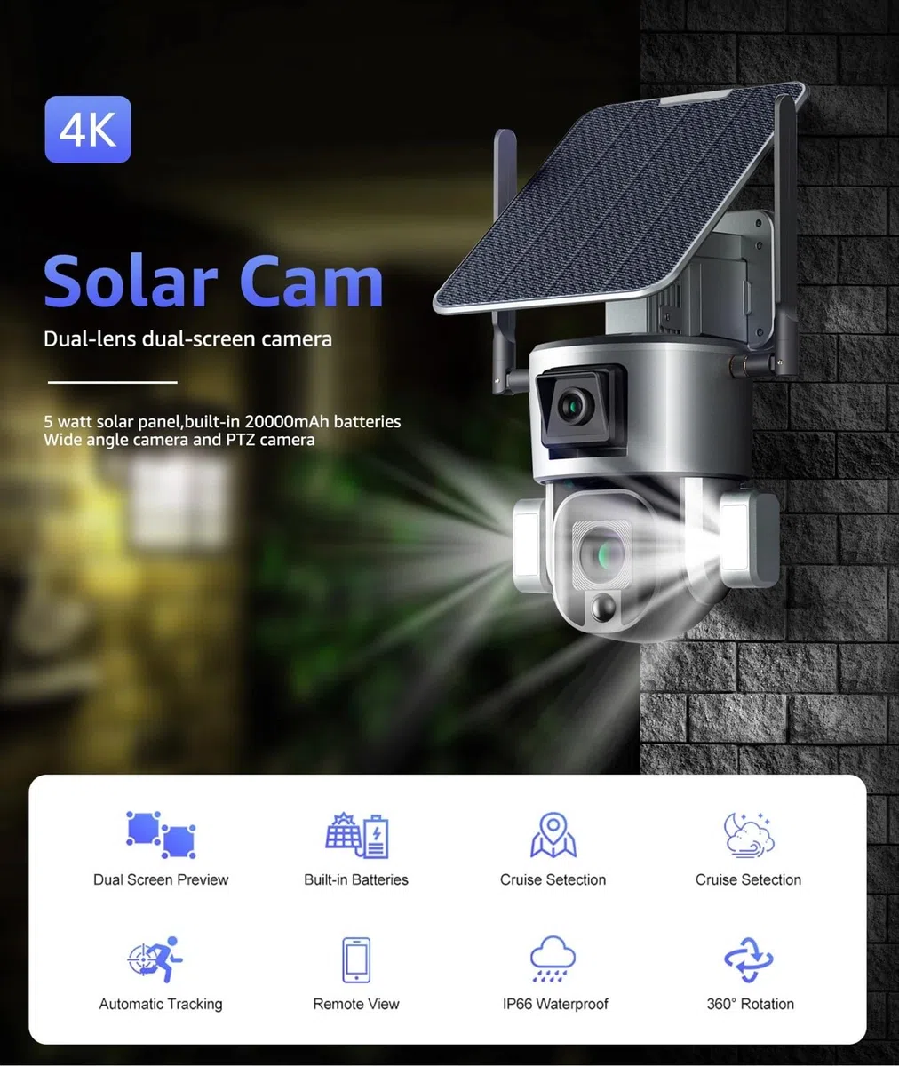 Caméra de Surveillancem 8MP 4G caméra Solaire sans Fil 4K Double Objectif 4X 10X Panneau détection Humaine PTZ Surveillance extérieure