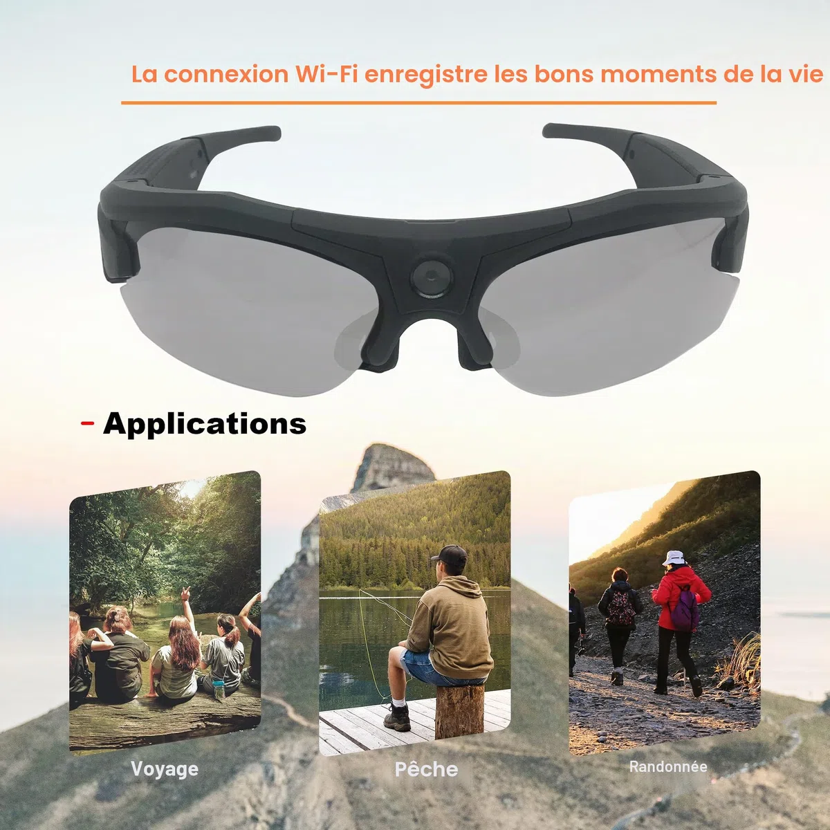 Lunettes de soleil avec caméra WiFi, lunettes de capture vidéo HD 4K avec protection UV400, verres polarisés pour sports de plein air, compatible avec iOS et Android, carte TF jusqu'à 256 Go