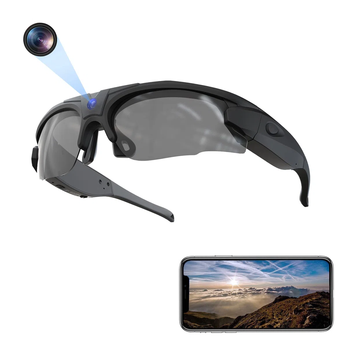 Lunettes de soleil avec caméra WiFi, lunettes de capture vidéo HD 4K avec protection UV400, verres polarisés pour sports de plein air, compatible avec iOS et Android, carte TF jusqu'à 256 Go