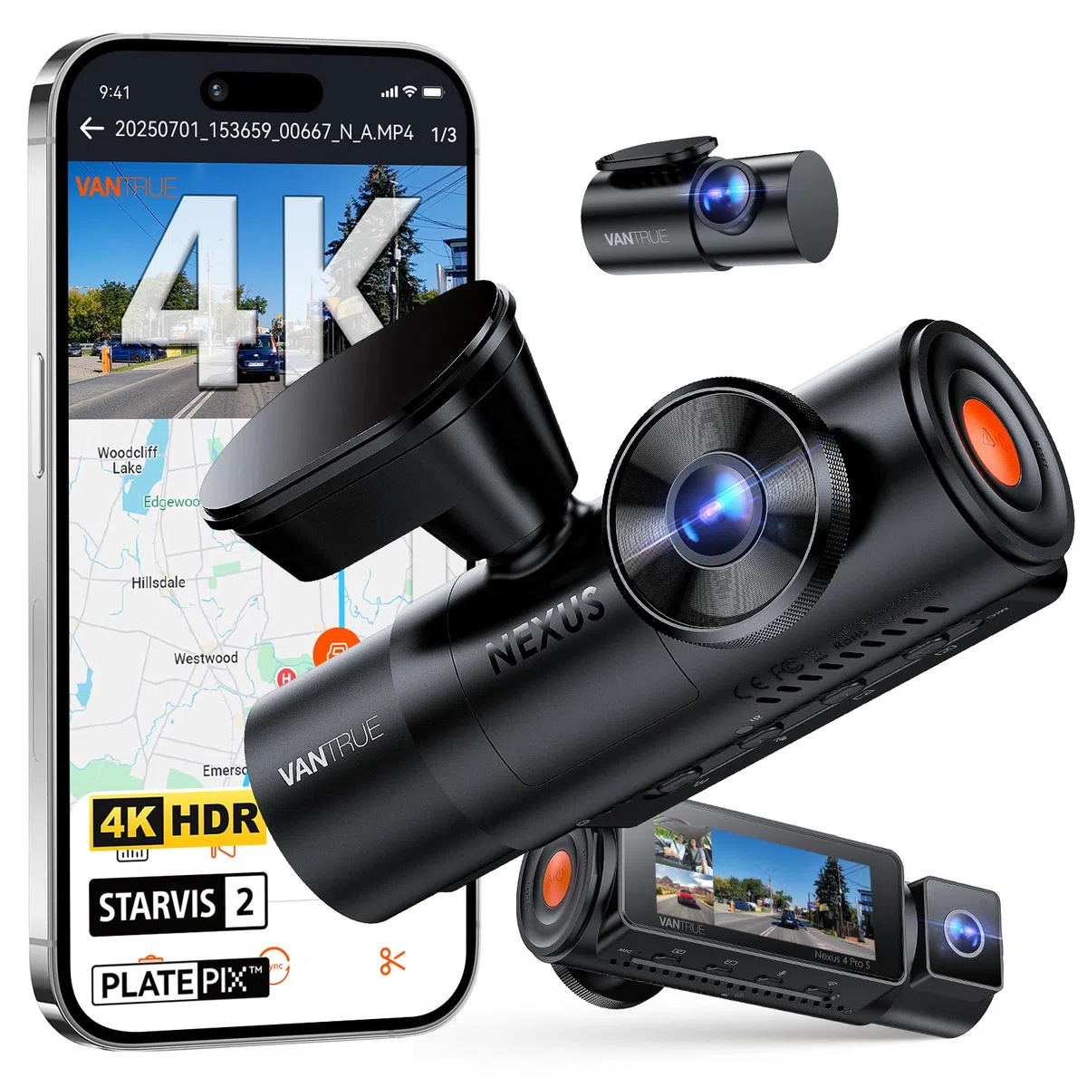VANTRUE N4 Pro S Dashcam Voiture 3 Canaux 4K+1080P+1440P Avant Int Arrière