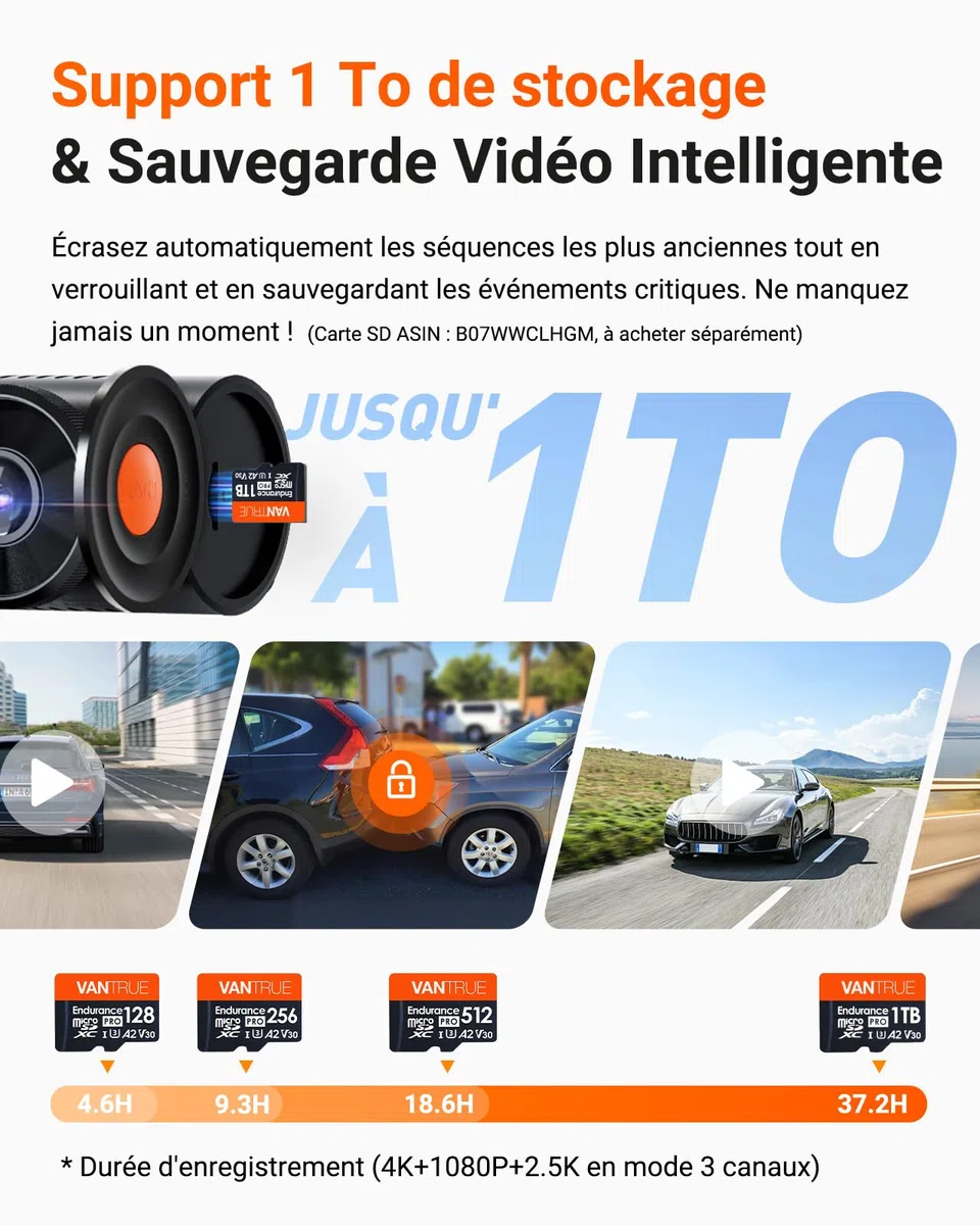 VANTRUE N4 Pro S Dashcam Voiture 3 Canaux 4K+1080P+1440P Avant Int Arrière